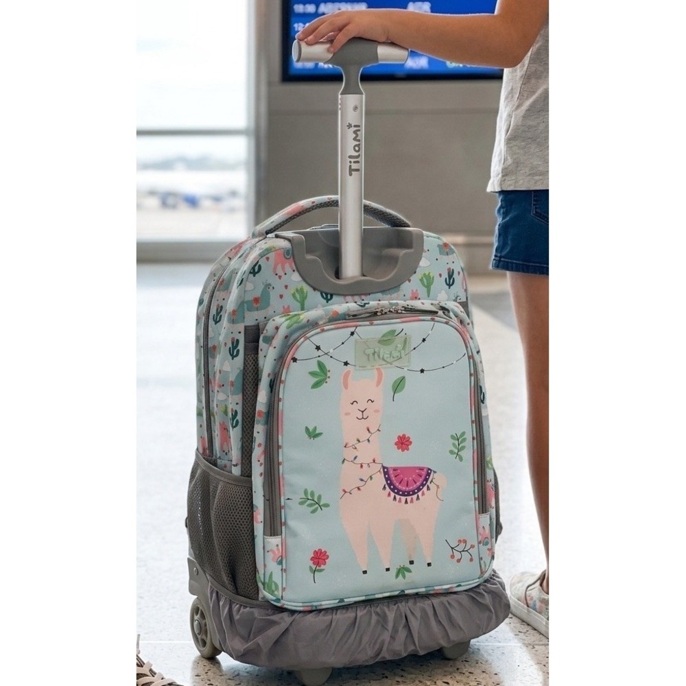 Tilami Kids Llama Rolling Backpack Teal Alpaca and Cactus Print 2 Wheels 18" $80